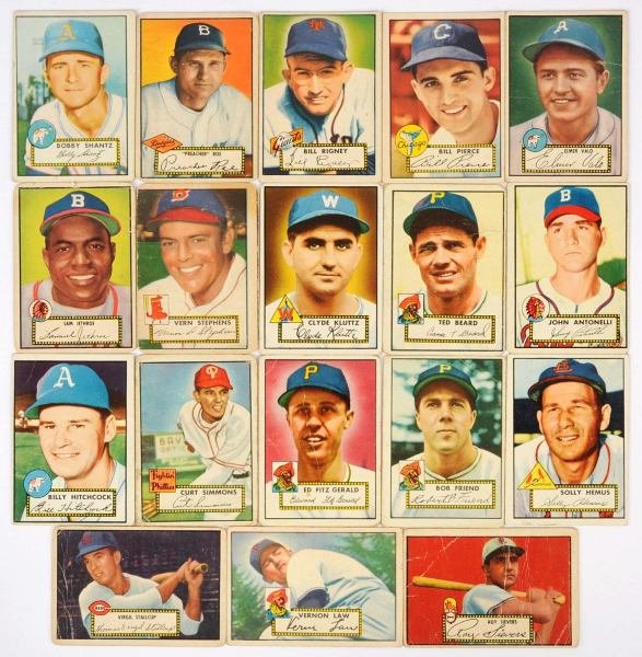 Lot of 18: 1952 Topps Baseball Cards.: Cards are from what is considered to be one of the most premier card sets every made. Lot consists of some minor stars and mostly commons. Includes no. 66 Preacher Roe, no. 219 Bobby Shantz, and other
