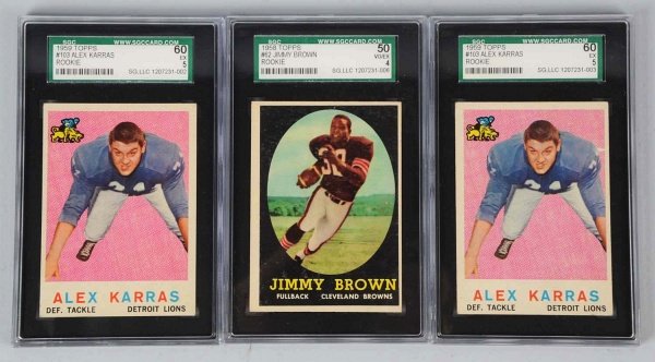 Lot of 3: Topps Football Cards.: Circa 1950s. Includes one no. 62 1958 Jim Brown rookie card (Grade 4) and two no. 103 1959 Alex Karras rookie cards (Grade 5). Cards have been graded and slabbed by SGC. Condition (Very Good - Excelle