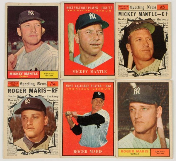 Lot of 6: 1961 Topps Baseball Cards.: Includes three Mickey Mantle cards and three Roger Maris cards. The Mantle cards include no. 300 which has no real creasing and just rounded corners, no. 475 that shows Mantle as MVP and is off-center