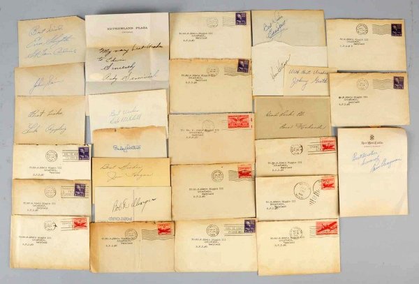 Lot of 13: Vintage Baseball Autographs.: Andy Seminick on stationary from a hotel in Cincinnati, Bucky Walters, Dale Mitchell, Jim Hegan, and Bob Dillinger on a postcard from the Shorham Hotel. Some with staining and discoloration. Major Lea