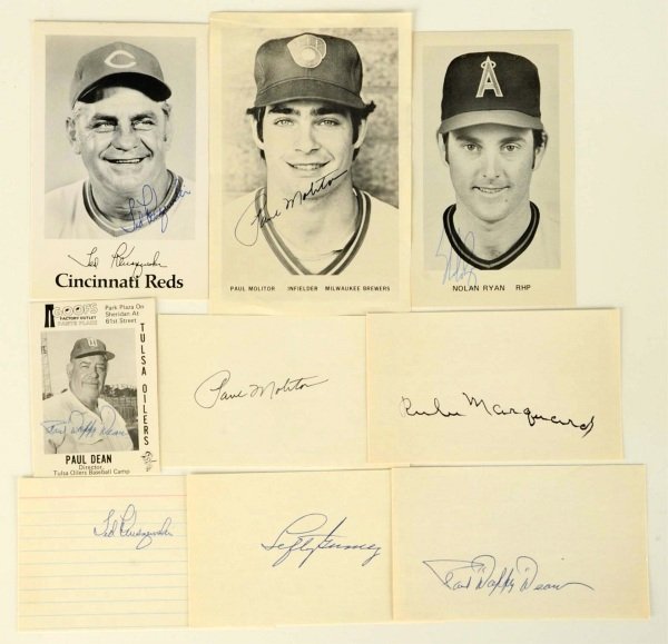 Lot of 9: Autographed Photos & Index Cards.: Includes two Paul "Daffy" Dean, Nolan Ryan, two Ted Kluszewski, two Paul Molitor, Rube Maquard, and Lefty Gomez. Includes an LOA from JSA. Condition (Very Good). Size Largest: 4" x 6".