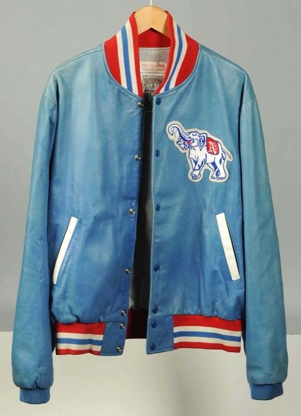 Philadelphia A's Blue Leather Baseball Jacket.: This is a one-of-a-kind jacket created by Peter Capolino of Mitchell & Ness in the mid-1980s. It is an exact replica of a prototype jacket made in 1942 and shown to Connie Mack for his approval. He tu