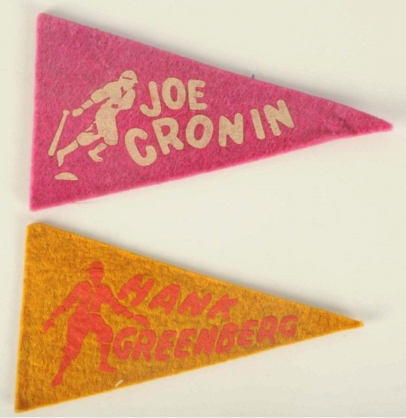 Lot of 2: Vintage Felt Type 1 Mini Pennants.: 1936 to 1938. Includes Joe Cronin and Hank Greenberg. Some minor wear to the Greenberg pennant. Condition (Very Good - Excellent). Size Each: 4 - 1/4" L.