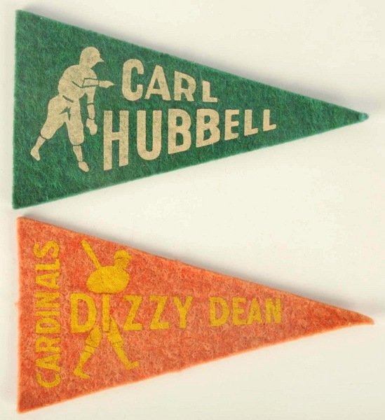 Lot of 2: Vintage Felt Mini Pennants.: 1936 to 1938. Includes Type 1 Carl Hubbell and Type 2 Dizzy Dean. Some minor wear overall. Condition (Excellent). Size Each: 4 - 1/4" L.