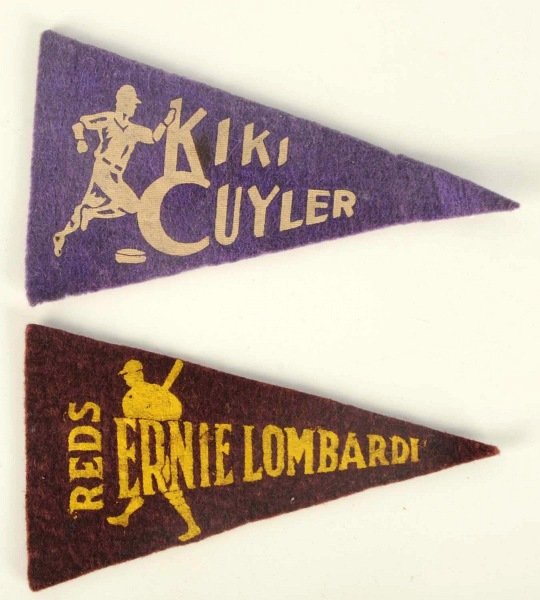 Lot of 2: Vintage Felt Mini Pennants.: 1936 to 1938. Includes Type 1 Kiki Cuyler and Type 2 Ernie Lombardi. Very little wear overall. Condition (Excellent). Size Each: 4 - 1/4" L.