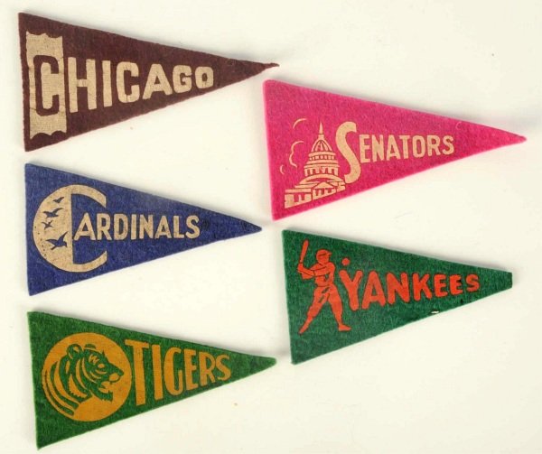 Lot of 5: Vintage Felt Mini Pennants.: 1936 to 1938. Includes Type 4 New York Yankees with batter to the left and four Type 5 Team pennants with logo on left side. Teams include Chicago, Cardinals, Tigers, and Senators. The Type 4 Yankees 