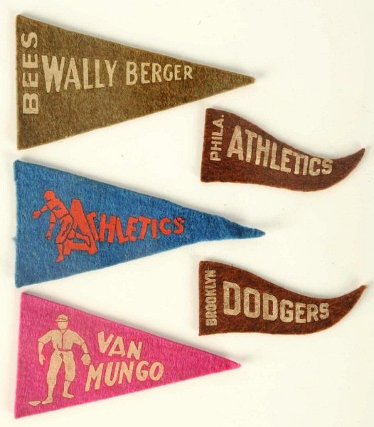 Lot of 5: Vintage Felt Mini Pennants.: 1936 to 1938. Includes Type 1 Van Mungo, Type 4 Athletics, Type 6 Philadelphia Athletics, Type 6 Brooklyn Dodgers, and Type 11 Bees Wally Berger. Various conditions. Condition (Very Good). Size Larges