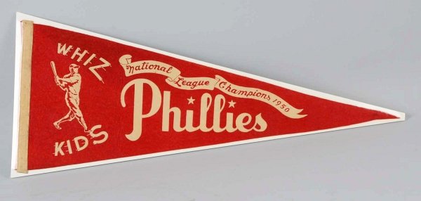 1950 Philadelphia Phillies NL Champion Pennant.: Marked "Whiz Kids" and "National League Champions 1950 Phillies". Tip is still present but there may be one or two pin holes and some slight soiling overall. Condition (Very Good - Excellent). Size 28
