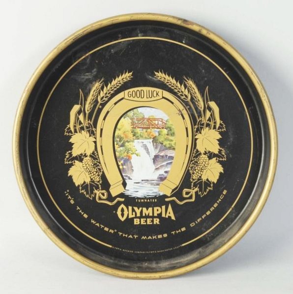 Olympia Beer Tray with Tumwater Scene.: A few dents, rim nicks, and small surface rust. Condition (Very Good). Size 13" Dia.
