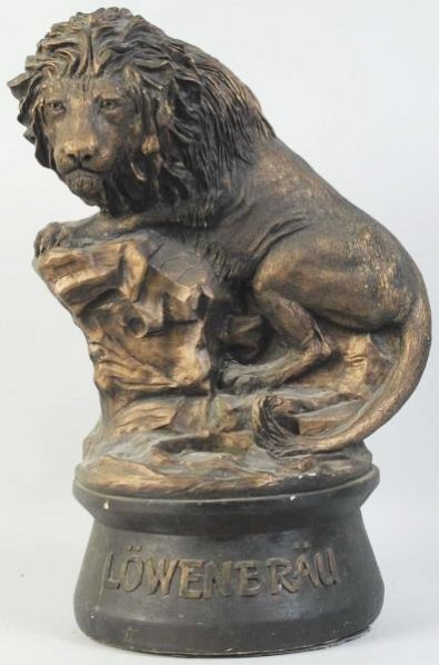 Lowenbrau Beer Bottle Bar Back Lion Figure.: Missing original bottle. Bottom is weighted. Size 17" T.