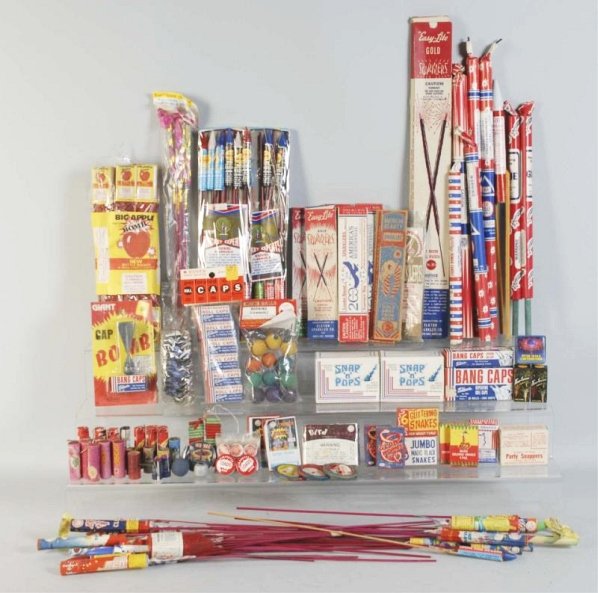 Fireworks Assortment.: 1960s-70s, some a bit later. Bottle rockets, smoke bombs, screaming missiles, sparklers, and more. Condition (Excellent - Near Mint).