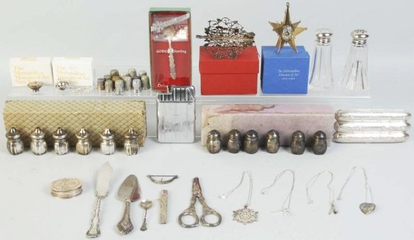 Lot of Miscellaneous Sterling & Other Items.: Includes a Metropolitan Museum of Art partridge in pear tree ornament, a Christmas star, 13 thimbles, six small pieces, two boxes (each with six sterling salt and peppers), one sterling cigar holder, 