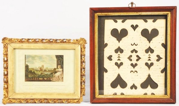Lot of 2: Framed Under Glass Prints.: Includes one engraving by Birch dated 1789. Depicts a lady and dog looking at a castle. Damage in one corner. Also includes one scherenschnitte of hearts on letter dated 1845. Condition (Excellent). S