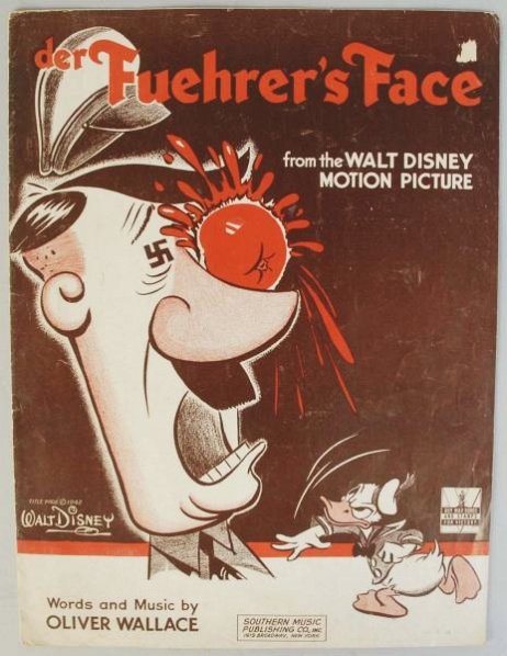 Walt Disney 1942 Satire Music Sheet.: Depicts Donald Duck throwing tomato at Hitler. Condition (Excellent). Size 12" x 9".