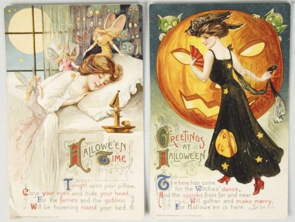 Lot of 2: Winsch Halloween Postcards.: This lot includes two Winsch Halloween cards titled "Greetings at Halloween" depicting a beautiful witch with goblins, and owl, and a Jack-O-Lantern. Also includes a "Halloween Time" postcard depictin