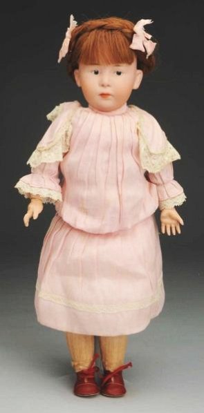 Pouty Heubach 6969 Character Doll.: German bisque socket head incised “6969 Germany 6” (1” and ¾” hairlines on back rim visible only with a black light) with tapered eyebrows, blue intaglio eyes with molded eyelids and white ey
