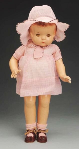 Effanbee Composition "Patsy Ann" Doll.: All composition fully marked on torso, molded bobbed hair (minor wear), lashed sleeping eyes (crackled); jointed arms and legs, original paint (wear on fingers, arm and leg); beautifully redressed in 