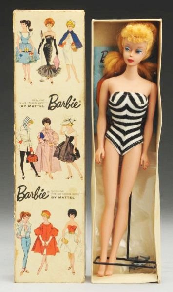 Blonde Ponytail #4 Barbie with Original Box.: This super Barbie is in great condition. She does not have green ears and there is no paint loss or split plastic. She includes her original swimsuit, earrings, shoes, and booklet. The box lid has a m