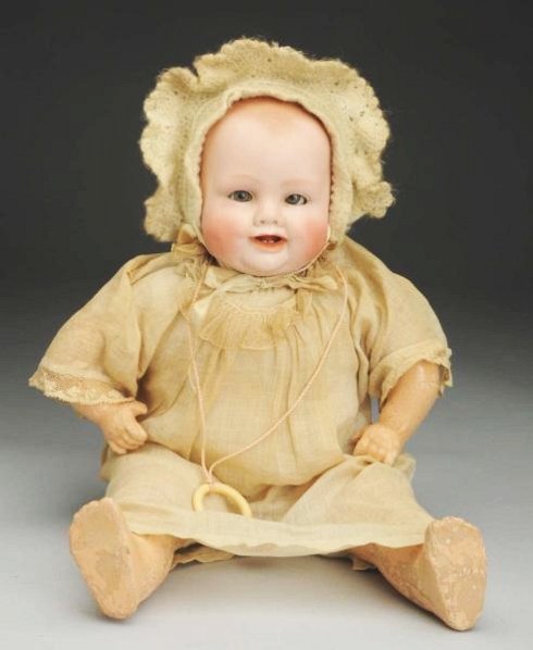 Cute “Bonnie Babe” Character Doll.: German bisque flange head incised “Copr. by Georgene Averill 1005/3652” with solid dome head and painted hair, sleeping eyes (need adjusting, some eyelid wax missing), open mouth with tongue and t