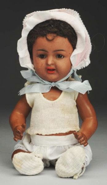 Cute K & R 126 Black Character Baby.: German bisque socket head incised “ K [star] R Simon & Halbig 126 28” (nose rub, light red line by eyebrow, not a hairline), multi-stroked eyebrows, sleeping eyes, painted eyelashes, open mouth wi