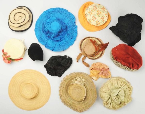 Lot of 13: Antique Doll Hats.: Two brimmed straw hats, two cotton wired brim hats; two straw hats, wool hat, two black bonnets, felt and caracul hat, straw-brimmed hat, printed cotton hat and a newer turquoise hat. Nice selection t