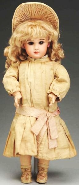 Exquisite Jumeau Bébé Doll.: French bisque socket head stamped in red “Depose Tête Jumeau Bte SGDG 9” (tiny piece missing at back crown rim and 2” hairline from it, face needs cleaning), multi-stroked eyebrows, chocolate b
