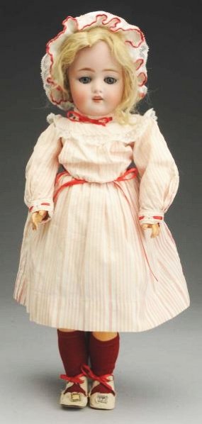 Pretty Kestner 168 Child Doll.: German bisque socket head incised “Made in Germany C 7 168” with light multi-stroked eyebrows, sleeping eyes, open mouth molded upper teeth, plaster pate, original blonde wig (sparse); original jo