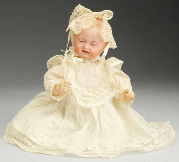Rare Two-Faced Character Baby.: German bisque socket head incised “567” made by Bahr & Proschild for Kley & Hahn (large piece broken and glued from eye to under ear and around to reverse forehead, two additional hairlines on for