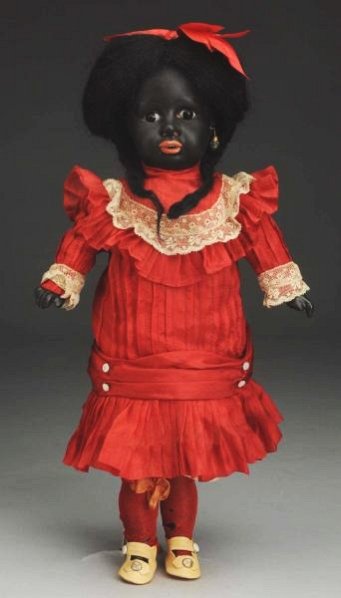 Rare German Black Character Doll.: Unmarked bisque socket head, looks like a Simon & Halbig 1358 (curved hairline at side temple under wig), tapered eyebrows, inset dark pupilless eyes, open mouth with upper teeth and wide lips, pierce