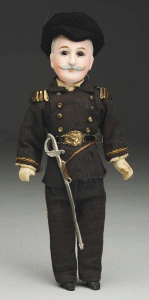 Admiral Dewey Character Doll.: German bisque socket head incised “17D” made by Cuno & Otto Dressel, molded gray hair with crown opening covered by cardboard pate, (large piece broken and glued on back of head, light hairline cr