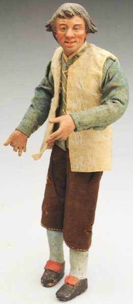 Neapolitan Crèche Figure.: Terra cotta shoulder head man with character face and short molded hair, large nose, closed mouth, molded eye sockets with inset enameled eyes; hemp-wrapped armature body with carved wood hands (two f