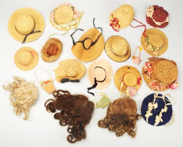 Lot of Antique Doll Hats & Wigs.: Three very nice and full antique mohair wigs, 12 vintage and antique straw hats, fur hat, beaded purse and three crocheted purses. A very nice lot for medium dolls! Condition (Very Good).
