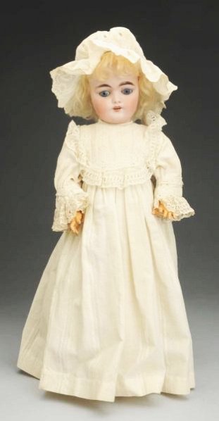 Classic Kestner Child Doll.: Bisque socket head incised “D ½ 168 8 ½” by J.D. Kestner (1” surface line on one cheek, not a hairline), multi-stroked eyebrows, sleeping eyes, open mouth with molded upper teeth, plaster pate