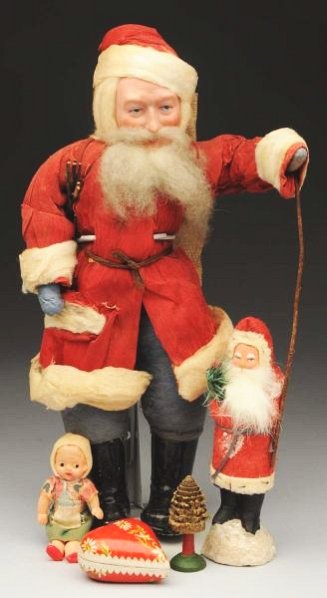 Heubach Santa Claus Portrait & Christmas Items.: Bisque mask character face imposed on original soft stuffed head, soft torso with paper-covered wired arms, papier-mâché boots, all original in crepe paper costume. Gebruder Heubach from their serie