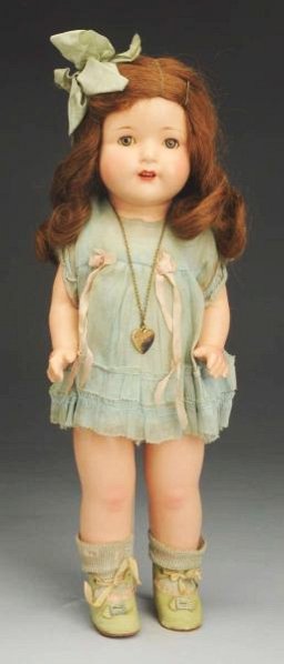 Original Effanbee Composition “Rosemary".: Fully marked on composition shoulder with lashed sleeping eyes, original human hair long curl wig with hair bow, open mouth with teeth, rosy cheeks; cloth body with composition arms and legs with rosy