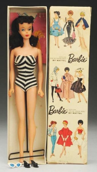 Brunette Ponytail #4 Barbie with Original Box.: This beautiful #4 Barbie is in great condition. She does not have green ears and there is no paint loss or splits to the plastic. She includes her original bathing suit, earrings, shoes, sunglasses, a