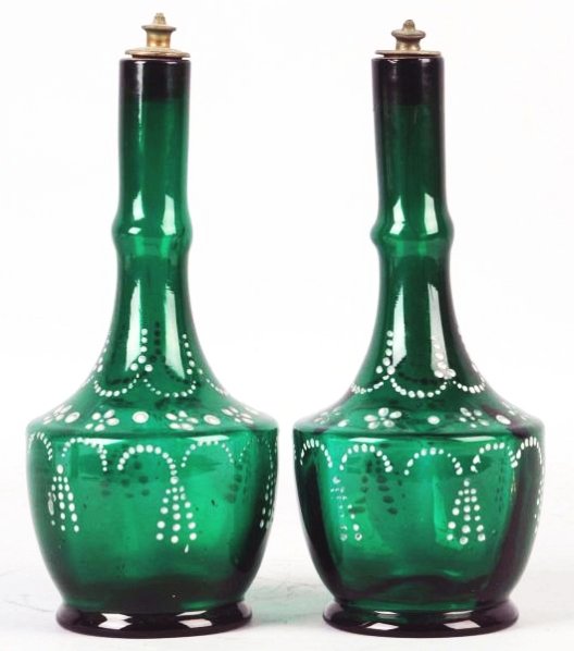 Lot of 2: Teal Green Barber Bottles.: These are a matching pair and have scarred pontils on the bottom and white enamel decoration. No cracks, chips or repairs. Both have an early top. Condition (Very Good - Excellent). Size Each: 8 - 1/4