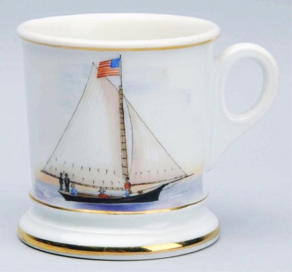 Single-Masted Sailboat Shaving Mug.: Includes a tag that states this mug is from the "Robert Blake Powell Collection" and was "obtained at the National Shaving Mug Collector's Association, Myrtle Beach meeting, in 2003". No gold loss. Co
