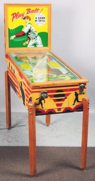 Chicago Coin Play Ball Wood Rail Pinball Machine.: Works properly. Play field is good. Back and top glass have flaking and there is a three-inch piece missing from the left bottom corner. Circa 1951. Condition (Good). Size 65" T.