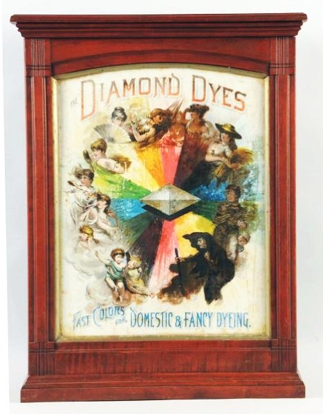 Diamond Dyes Evolute of Woman Dye Cabinet.: Light case wear but heavier wear, scratches, fading, and color rubbing on the tin front. Condition (Good). Size 30" x 28".