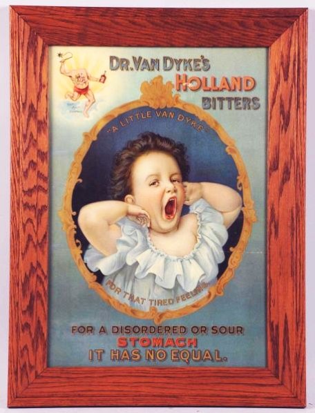 1900 Dr. Van Dyke's Bitters Paper Poster.: Framed under glass. Features the trademark headless guy in upper left. Litho in Buffalo, NY. Bright colors on nice enameled paper with minor soiling to bottom three inches. Also, a horizontal fold lin