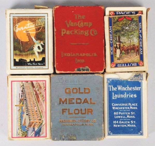 Lot of 6: Decks of Advertising Playing Cards.: 1920s-30s. Includes two Gold Medal Flour, Sheppard Envelope, Winchester Laundries, Page's Milk and Ice Cream, Van Camp Pork and Beans. Condition (Very Good - Near Mint). Size Largest: 3 - 3/4" x 2 - 3