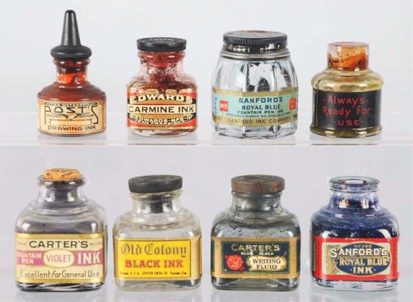 Lot of 8: Ink Bottles.: Assorted group of old ink bottles. Condition (Good - Very Good). Size Largest: 3" T.