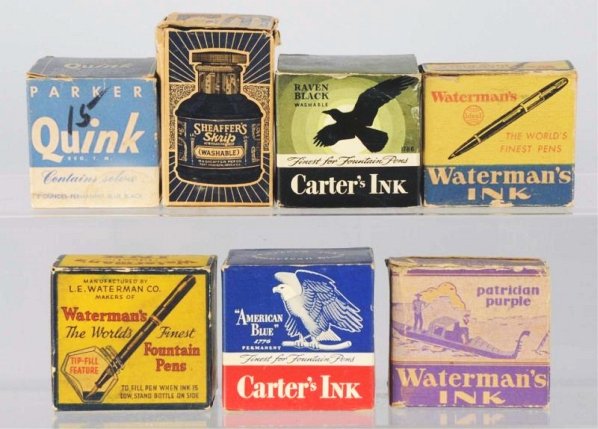 Lot of 8: Ink Bottles.: Two ounces ink bottles in original boxes (some still contain ink): Parker Quink, Carter's American Blue, Waterman's, Sheaffer's Skript, Waterman's Ideal permanent Blue Black, Waterman's Patrician Purp