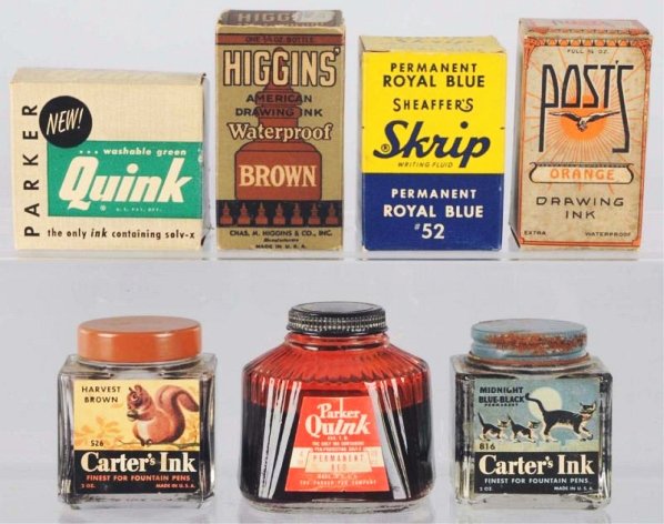 Lot of 7: Ink Bottles.: Cater's, Parker Quink (red), Cater's (Harvest Brown with squirrel), Post's Orange drawing ink (in original box(, Parker New washable green Quink (in original box), Higgins waterproof brown drawing ink