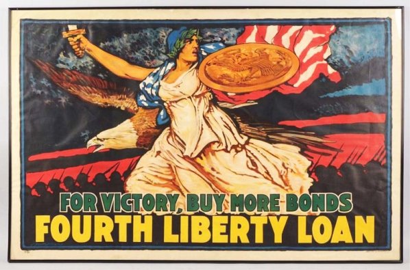 "For Victory, Buy More Bonds" WWI Poster.: This fantastic poster depicts Lady Liberty with sword, shield and the flag. An eagle flies in the background. Artwork is by John Scott Williams. Framed under plexiglass. Mounted on linen with some wri