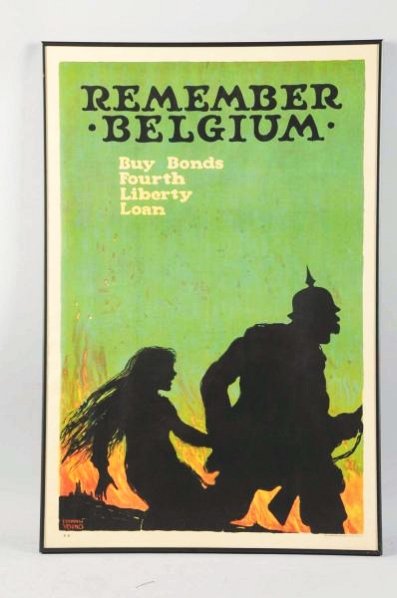 "Remember Belgium" WWI Poster.: This poster depicts a German soldier dragging a young girl away. The artwork is by Ellsworth Young. Condition (Excellent). Size Framed: 30 - 1/4" x 20".