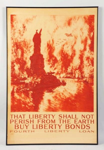 "That Liberty Shall Not Perish" WWI Poster.: This poster depicts a damaged Statue of Liberty and a burning New York City in the background. The artwork is by Joseph Pennell. Condition (Excellent). Size Framed: 33 - 1/4" x 22 - 1/4".