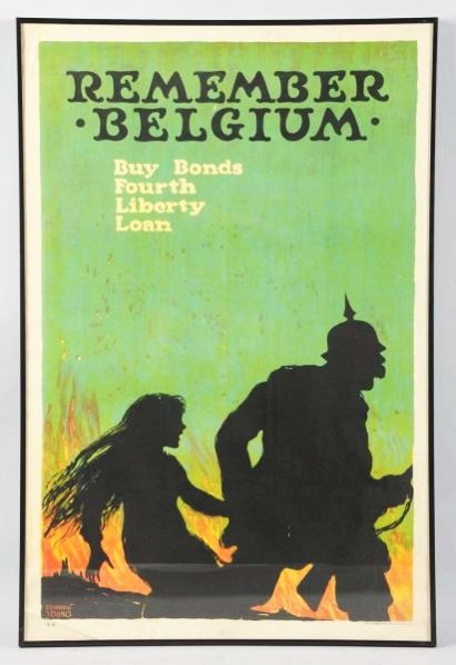 "Remember Belgium" WWI Poster.: This poster depicts a German soldier dragging a young girl with him. There are a few creases at the corners. The artwork is by Ellsworth Young. Condition (Excellent). Size Framed: 30 - 1/4" x 20 - 1/4