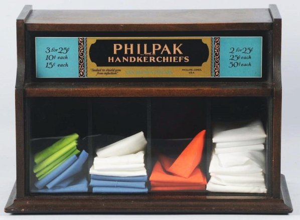 Wood/Glass Display Case.: Philpak Handkerchiefs made by Van Heusen Collars, Phillips-Jones U.S.A. Condition (Fine). Size 18" x 8 - 1/2".